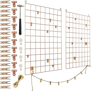 SKYTTU Wire Wall Grid Panel - 25.6 x 17.7 inch, 2 Pack - Chrome Metal with Durable Accessories, Display Decoration for Organizing Polaroid Photo, Calendar at Home Office Store Restaurant (Rose Gold)