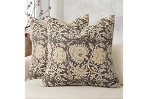 Vintage Floral Print Throw Pillow Covers 18x18 Set of 2, Neutral Modern Farmhouse Decorative Pillow Covers for Couch, Sofa & 