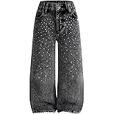 WDIRARA Toddler Girl's Rhinestone Jeans Elastic Waist Straight Leg Denim Pants