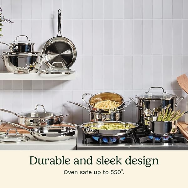 CUISINART 17-PIECE STAINLESS STEEL COOKWARE SET, CHEF’S CLASSIC STEEL COLLECTION WITH PURE ALUMINUM CORE FOR QUICK AND EVEN HEAT, COOL GRIP HANDLES, DISHWASHER SAFE, 77-17N