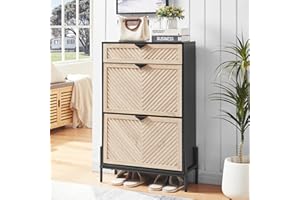 VIPLUMI Shoe Cabinet Storage with 2 Flip Drawers, Narrow Hidden Shoes Organizer Cabinet for Entryway, Freestanding Slim Shoe Rack Front Door Entrance(Oak&Black)