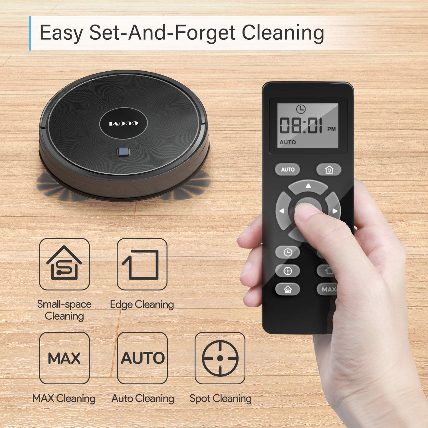 Robot Vacuum, GOOVI 1600PA Robotic Vacuum Cleaner with Self-Charging, 360° Smart Sensor Protectio, Multiple Cleaning Modes Vacuum Best for Pet Hairs, Hard Floor & Medium Carpet -