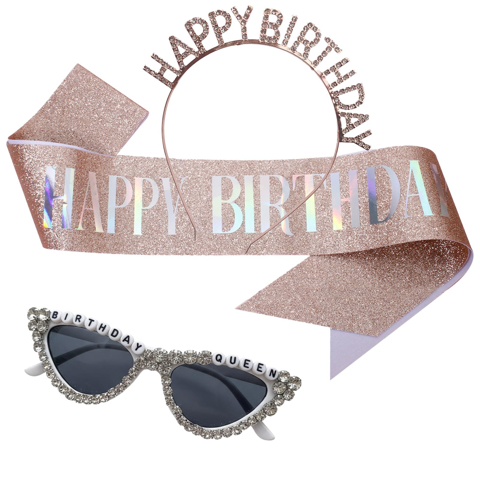 Xqzbmt Happy Birthday Accessories Kit, Birthday Glitter Pink Sash with Birthday Queen Shiny Diamond Sunglasses and Sparkling Crystal Headband for Women Girls
