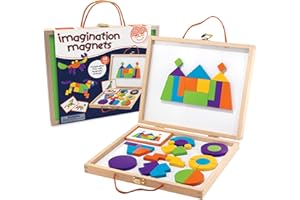 MindWare Imagination Magnets Wooden Pattern Blocks Set - Imaginative Play with magentic Shapes in a Carrying case - 42 Magnetic Solid Wooden Blocks, 50 Full-Color Laminated Puzzles