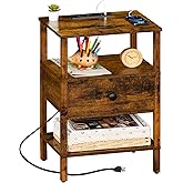 Lerliuo Nightstand with Charging Station and USB Ports, 3-Tier Storage End Table with Drawer Shelf, Night Stand for Small Spaces, Wood Bedside Table for Living Room, Bedroom - Retro Brown…