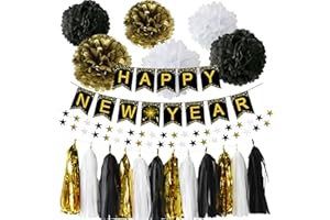 PARTYGARDEN 2026 Happy New Year Eve Party Supplies Black White Gold New Years Eve Banner Paper Tassel Garland NYE Decorations