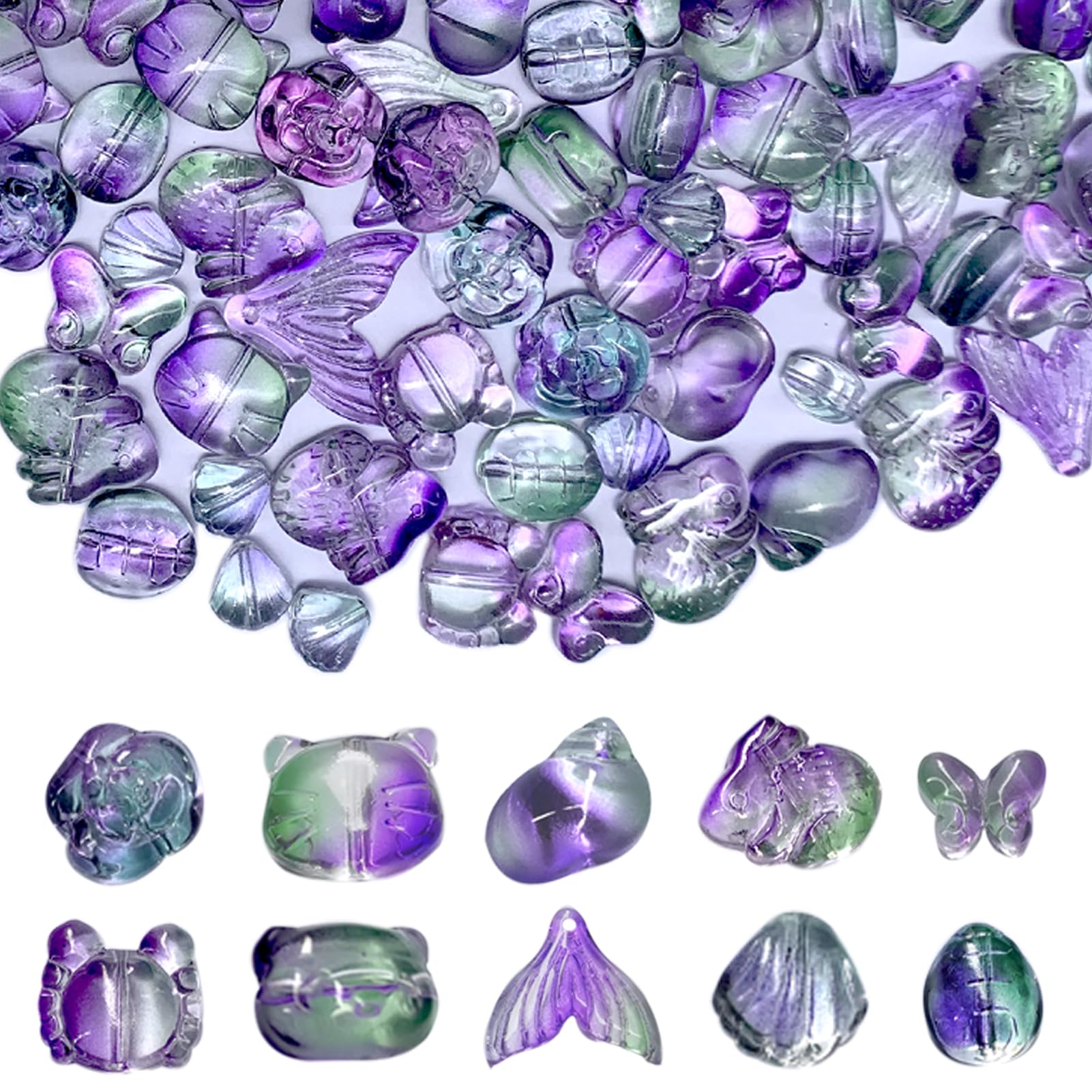 Gocelyn 100Pcs Assorted Crystal Glass Beads of Animals & Insects for Jewelry Making, Czech Glass Loose Beads Such as Cat Paw/River Snail/Fishtail/Shell .etc for Crafts Bracelets Necklaces Pendants — image 1