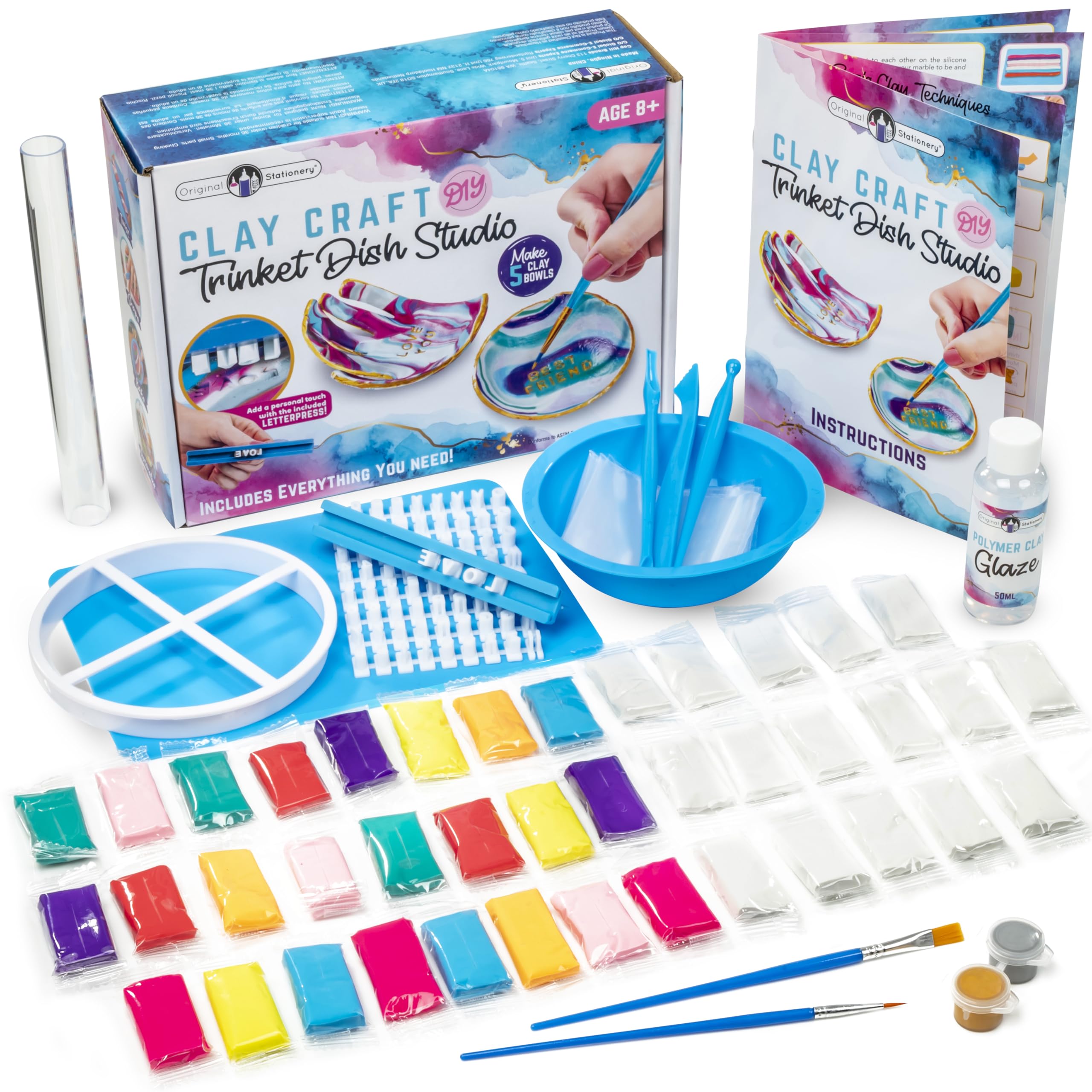 Original Clay Craft DIY Studio - Trinket Dish, Kids Craft Set with 40 Modeling Clays, Tools and Letter Press for Pottery Art Gifts