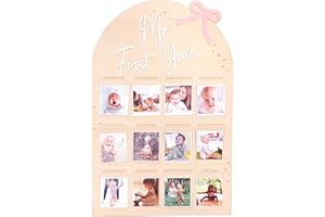 WAUAO Bow My First Year Birthday Board - One Year Of Photo Board,Monthly Milestone Wood Photo Board,First Birthday Decorations Girl,12 Months Photo Banner