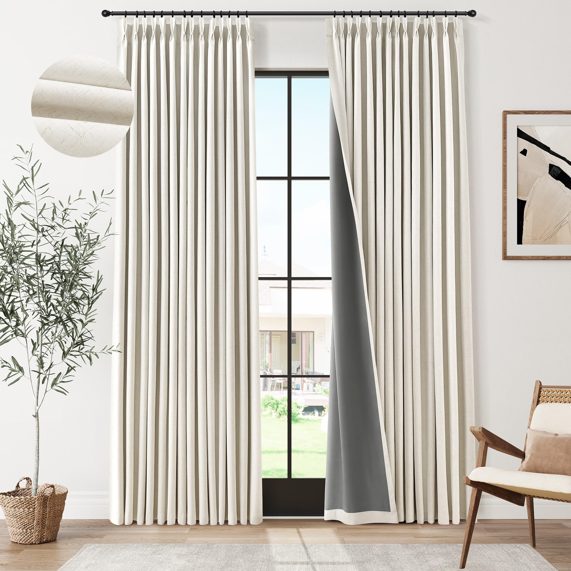 Photo 1 of 100% Light Blocking Pinch Pleat Linen Curtains 84 Inch Length 2 Panels Set Thermal Insulated Black Out Natural Linen Pleated Drapes for Bedroom Dining Living Room Neutral Cream Blackout Curtains 7FT