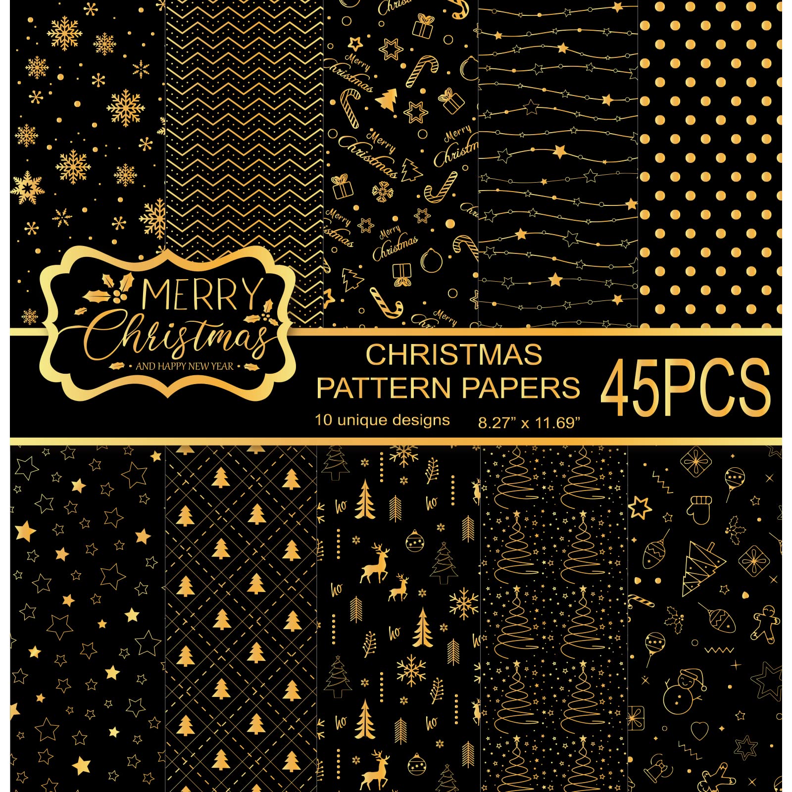 MIAHART 45 Sheets Merry Christmas Pattern Paper Set 10 Designs Festival Decorative Craft Paper Double-Sided for Card Making Scrapbook, A4 Size-Black and Gold