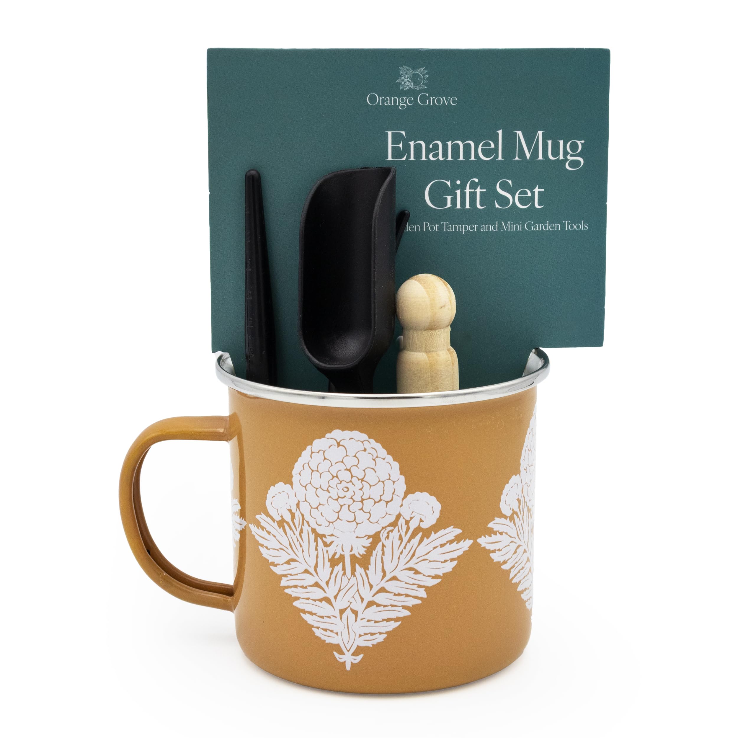 Mini Garden Tools and Enamel Mug Gardening Gift Set - Includes Dibber, Shovel, Seedling Extractor and Pot Tamper