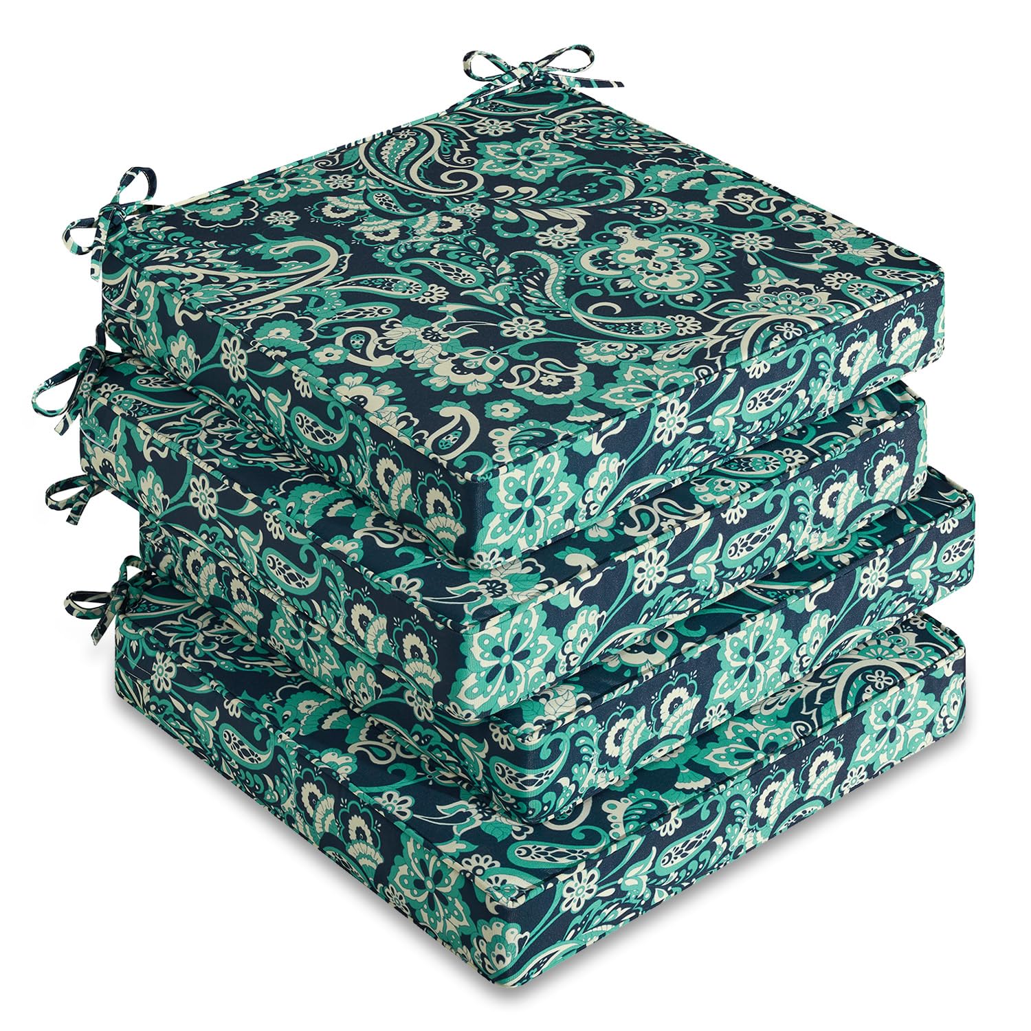 downluxe Outdoor Chair Cushions Set of 4, Waterproof 19" x 19" x 3" Patio Chair Cushion with Non-Slip Ties & Handle, Square Outdoor Cushion for Patio Furniture with Removable Cover, Green Paramecium Image