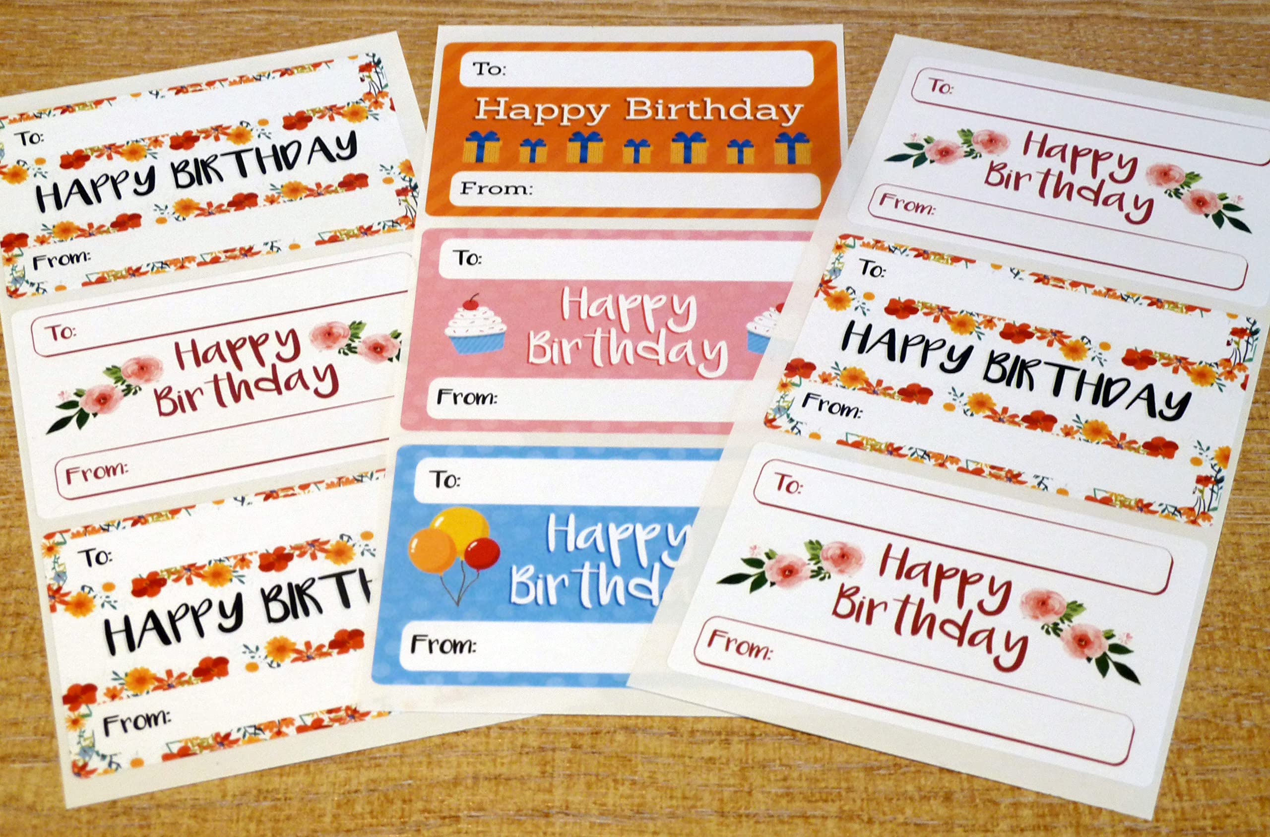 Happy Birthday Gift and Present Tags, Colourful Birthday Greeting Stickers, Self-Adhesive Labels, 9 Designs