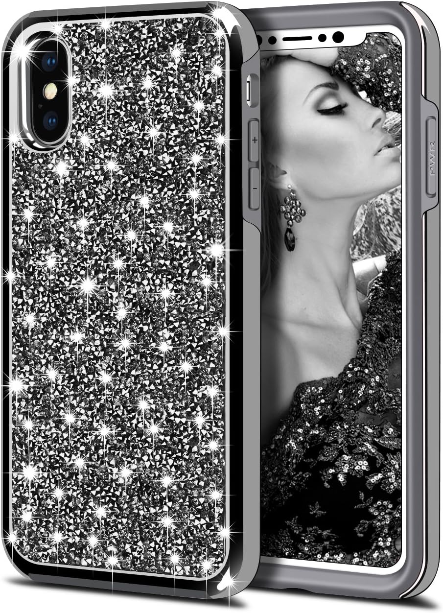 HoneyAKE Case for iPhone Xs Case iPhone X Case Bling Rhinestone Diamond Sparkly Crystal Dual Layer Handmade Shockproof Soft Rubber Bumper Hard PC Hybrid Protective Cover for iPhone Xs iPhone X, Black