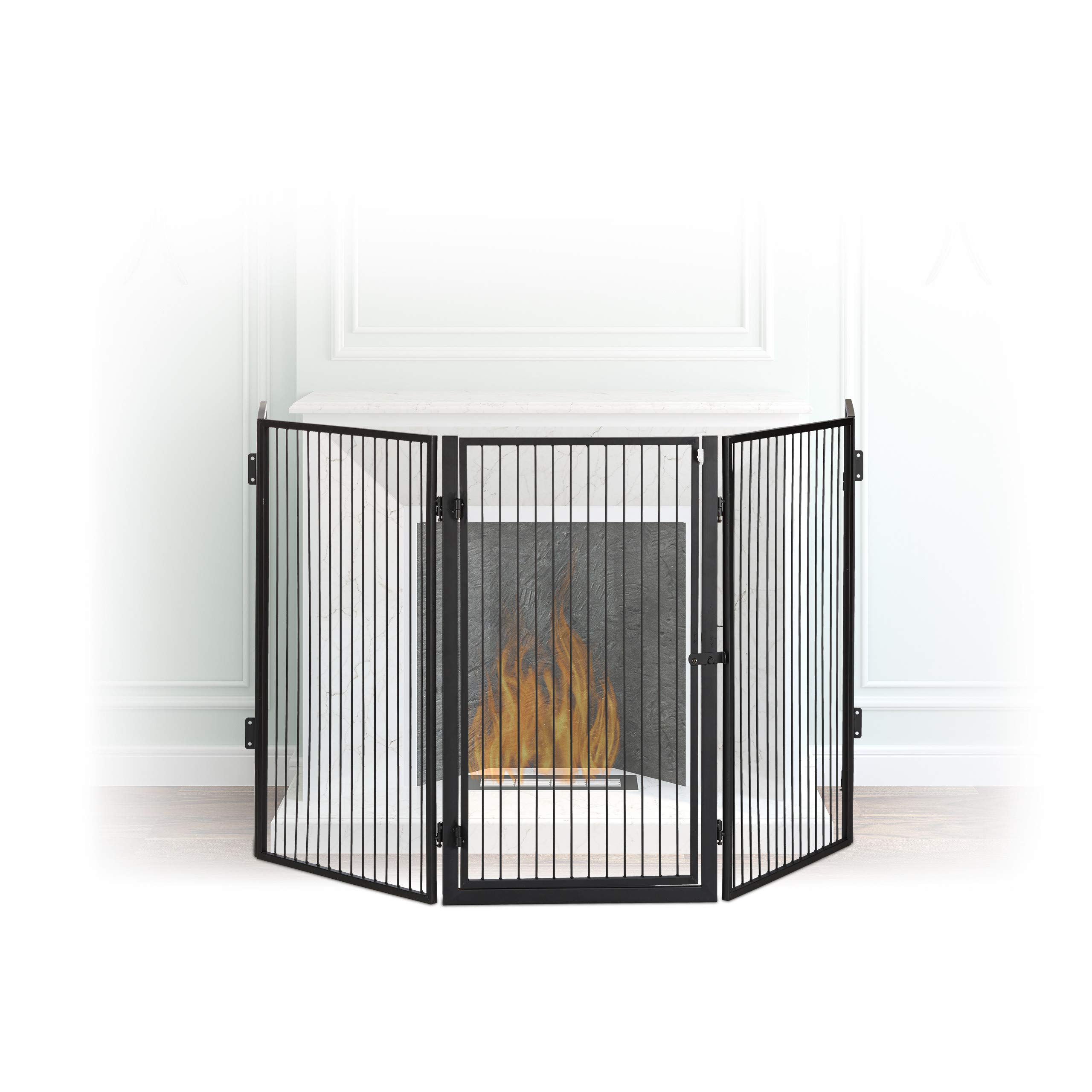 Relaxdays Metal Fireplace Screen, 5-Panel Safety Barrier, Spark Guard for Babies and Pets, Steel, Black