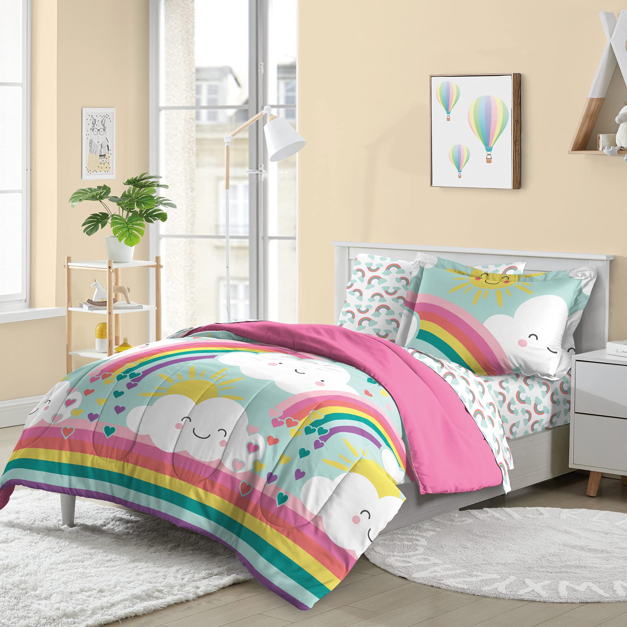 Dream Factory Kids 7-Piece Complete Bed Set Easy-Wash Super Soft Microfiber Comforter Bedding, Full, Teal Rainbow Flare, (2D872502TE) Image