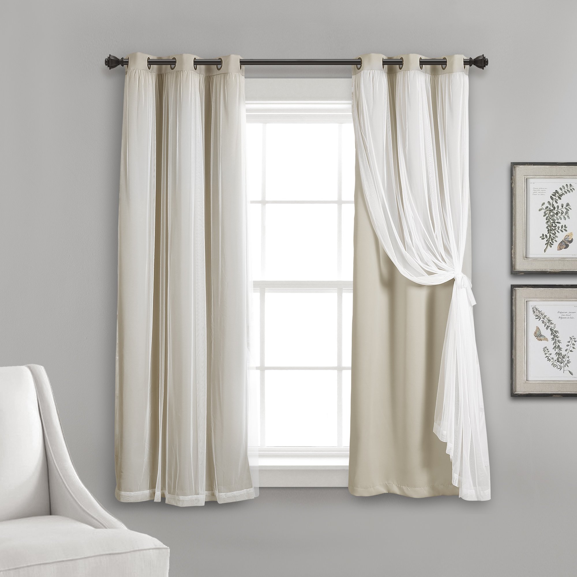 Lush Decor Sheer Grommet Curtains With Insulated Blackout Lining, Window Curtain Panels, Pair, 38"W x 45"L, Wheat - Curtain With Sheer Overlay, Elegant Blackout Curtains for Bedroom Image
