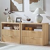 LEYAOYAO 31" Wide Fluted Nightstand Set of 2 with Charging Station, Oversized Extra Large 2 Drawers Night Stand,Natural Wood 