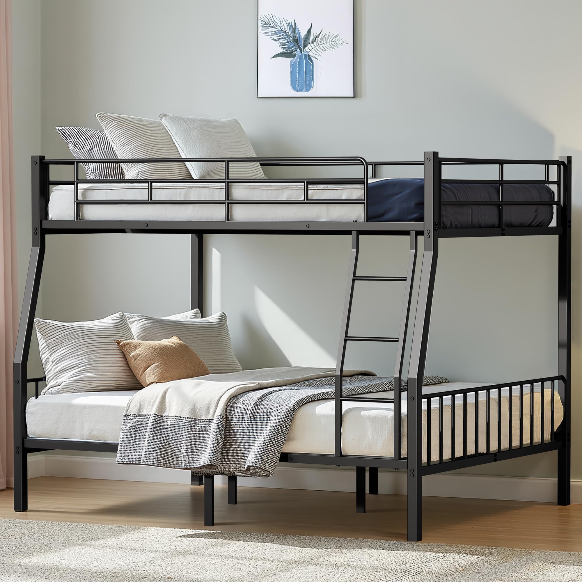 Photo 1 of Miscoos Full XL Over Queen Bunk Beds for Adults, Heavy-Duty Metal Bunk Bed Frame with Non-Slip Ladder and Safety Full-Length Guardrails for Kids Teens Adults, Space-Saving, Black