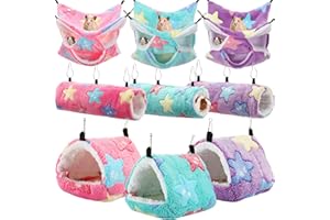 Abbylike 9 Pieces Rat Hammock 3 Tier Guinea Pig Ferret Hammocks Small Pet Hanging Tunnel Glider Toy Guinea Pig Ferret Hideout Bed Cage Accessories for Hamster(Green, Purple, Pink,Star)