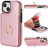 Folosu Compatible with iPhone 15 Case Wallet with Card Holder, 360°Rotation Finger Ring Holder Kickstand, RFID Blocking Leather Protective Double Buttons Shockproof Cover 6.1 Inch Rose Gold