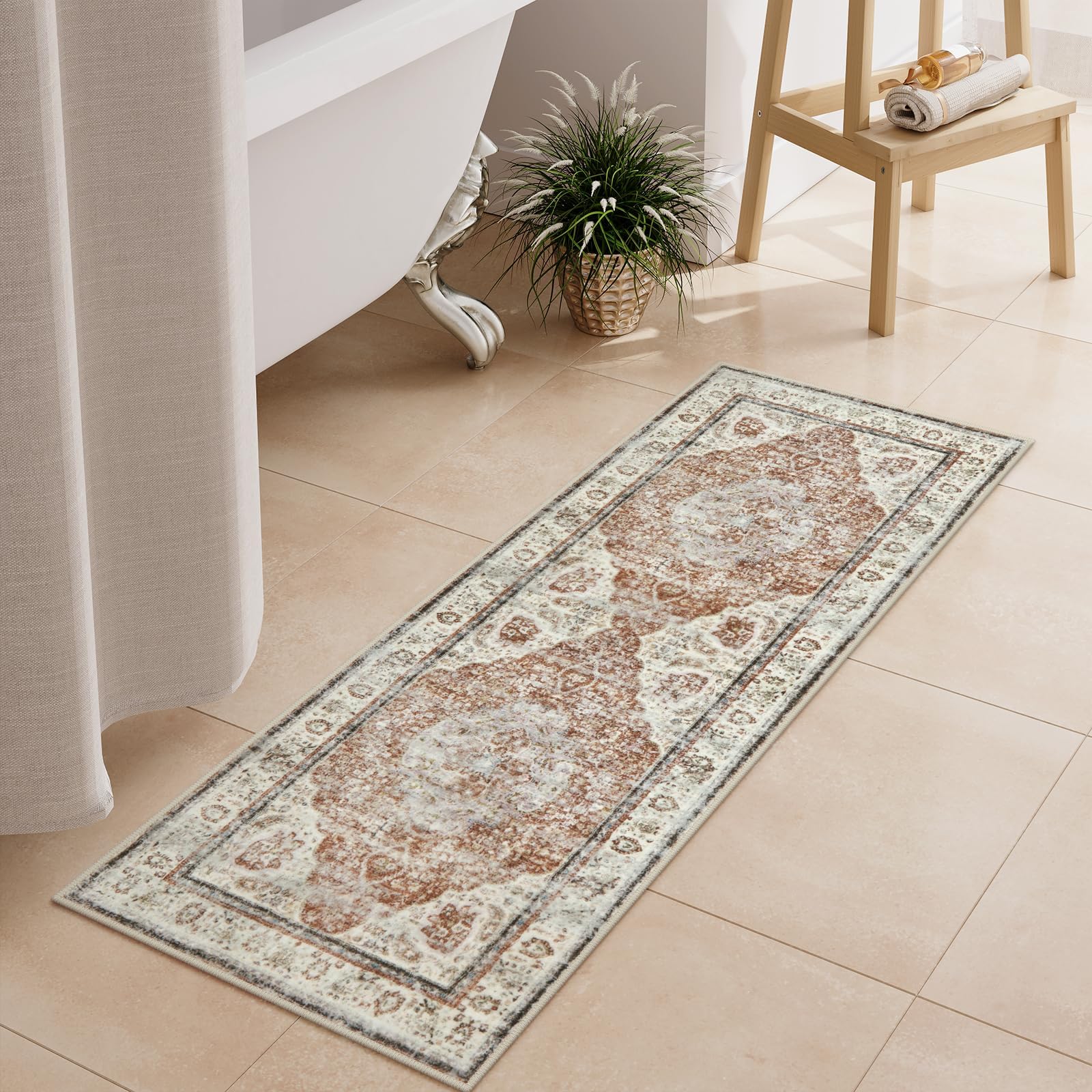 Photo 1 of Uphome Orange Bathroom Rugs, Distressed Farmhouse Boho Bath Mat, Non Slip Washable Soft Velvet Bath Mats for Bathroom Floor, Vintage Traditonal Bath Runner for Bathtub Sink Shower, 18x47 inch