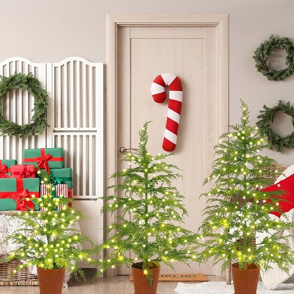 CINNVOICE CHRISTMAS 3FT 4FT 5FT POTTED PRE-LIT TWINKLE LED CYPRESS NORFOLK ARTIFICIAL CHRISTMAS TREE, FAUX POTTED PLANTS WITH A WOVEN BASKET BASE FOR FRONT PORCH INDOOR OUTDOOR DECOR(CYPRESS TREE)