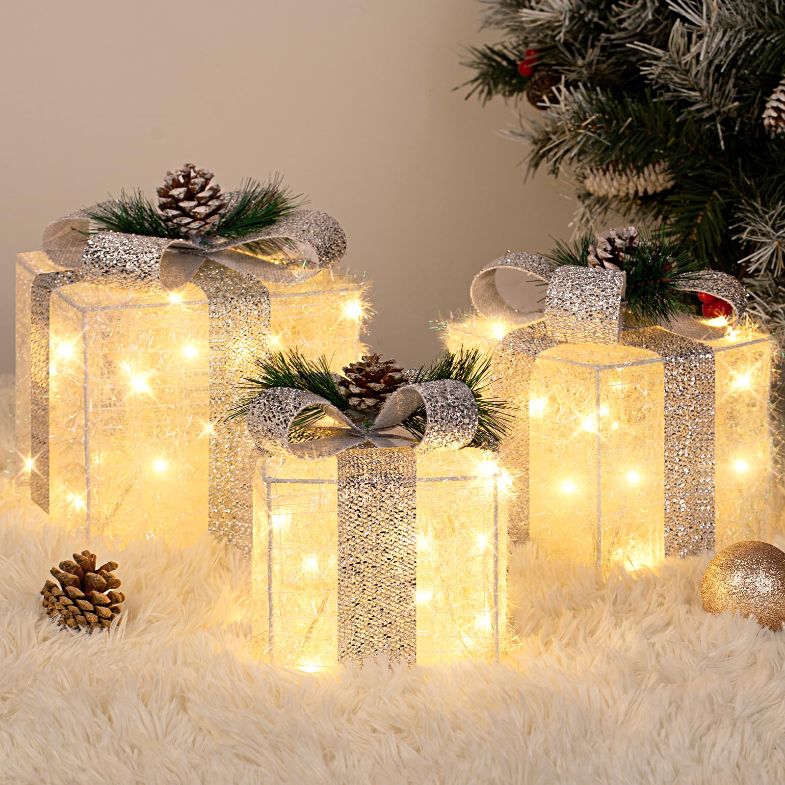 Photo 1 of Towponics Set of 3 Christmas Lighted Gift Boxes with Plug, Indoor Outdoor Christmas Decorations with 60 LED Warm White Mini String Lights, Present Boxes with Silver Tinsel for Xmas Tree Porch Decor
