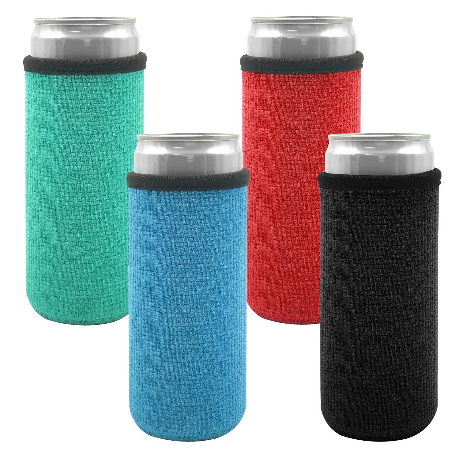 Beer Cooler Sleeve for Under 12oz/330ml Slim Can, 4PCS Insulated Neoprene Can Sleeves Non-Slip Can Cooler Holder for Beer Beverage -Black Red Green Blue