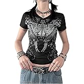 SOLY HUX Women's Y2k Gothic Graphic Tees V Neck Short Sleeve T Shirt Streetwear Tops Emo Scene Alternative Clothes