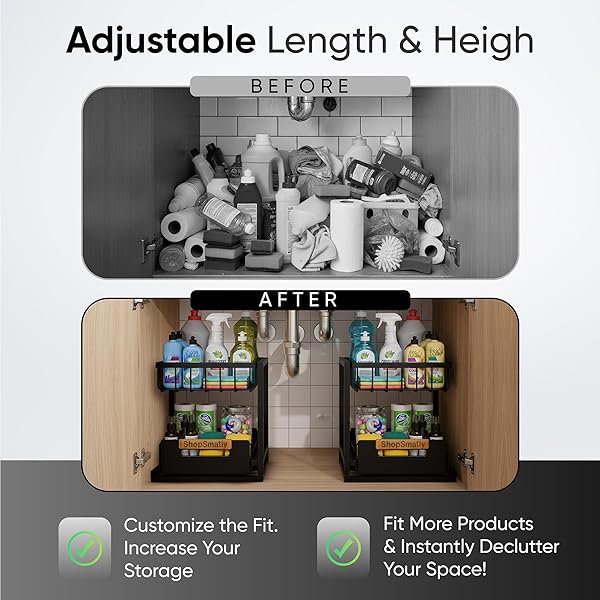 SHOPSMATLY UNDER SINK ORGANIZER 2-PACK, METAL UNDER SINK ORGANIZER FOR KITCHEN & BATHROOM, MULTI-USE UNDER SINK STORAGE RACK FOR CLEANING SUPPLIES AND BATHROOM ESSENTIALS (BLACK)