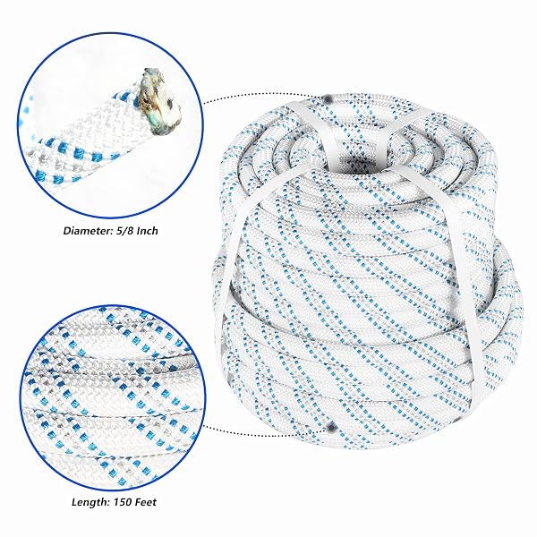 HIGH STRENGTH BRAID ROPE PULLING CORD POLYESTER ARBORIST LINE MULTIPURPOSE BULL RIGGING 5/8 INCH X 150 FEET WHITE GREY BLUE