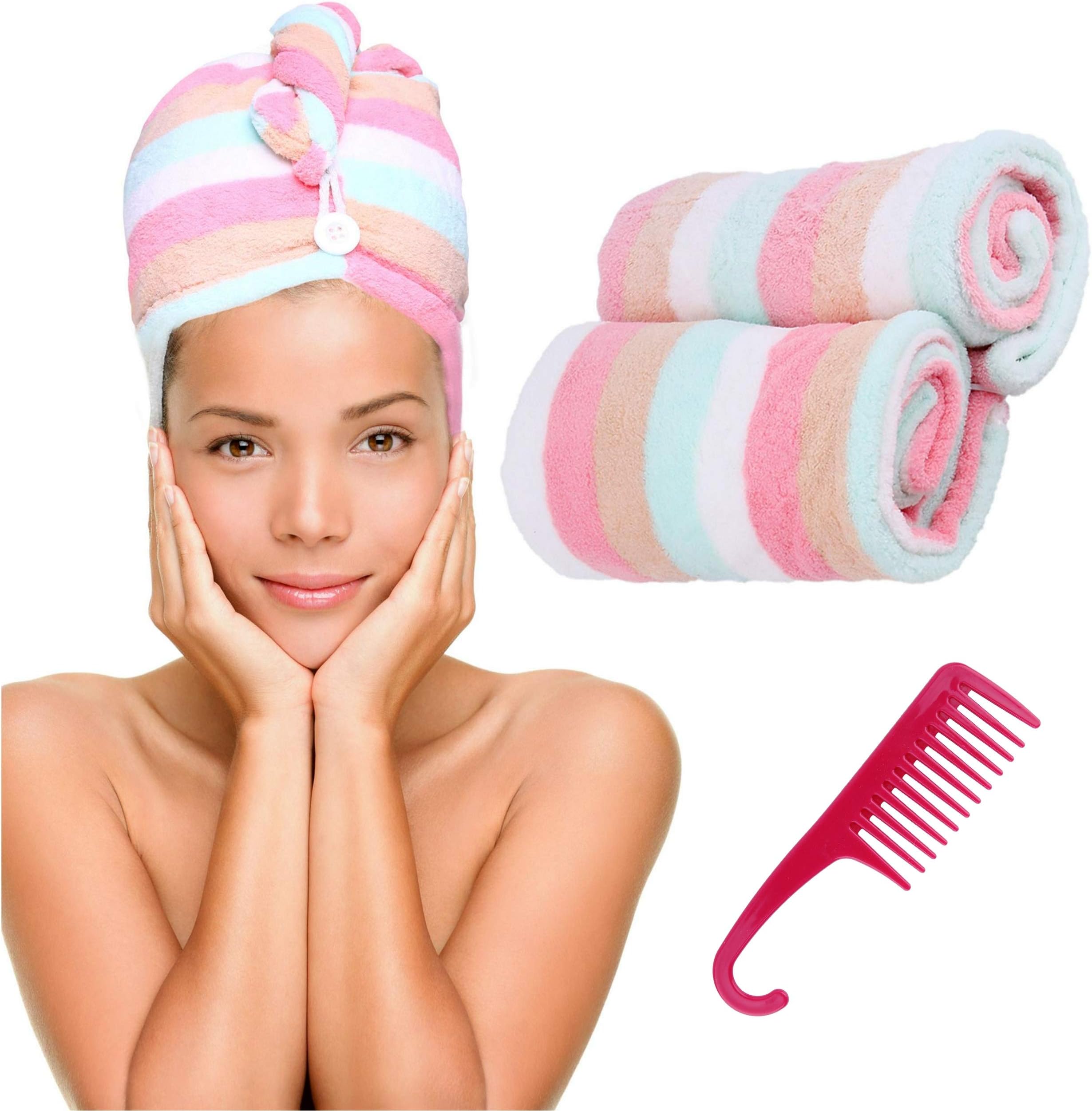 Charm Skins Microfiber Hair Towel Turban Wrap – 2 Pc Head Wraps for Women Bundled with Comb for Women Anti-Frizz Absorbent Twist Drying Shower Towel Hat Works Like Magic Quick Dry