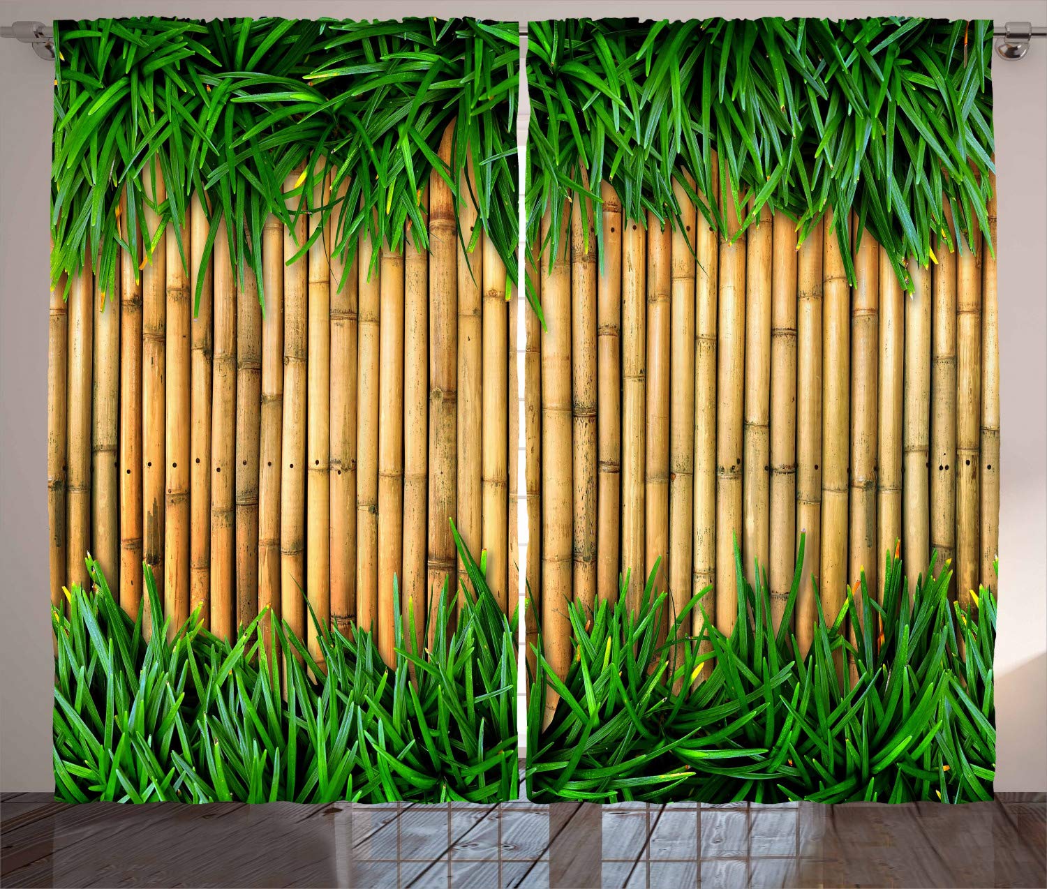 ABAKUHAUS Green and Brown Curtains, Bamboo with Grass Inspirations Summer Ecology Japanese, Living Room Bedroom Window Drapes 2 Panel Set, 69 L X 110 W, Sand Brown Fern Green