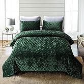 Fredsure Distressed Velvet Quilt Set, 3 Pieces Blackish Green Queen, Distressed Velvet Face and Brushed Microfiber Reverse with Diamond Quilting