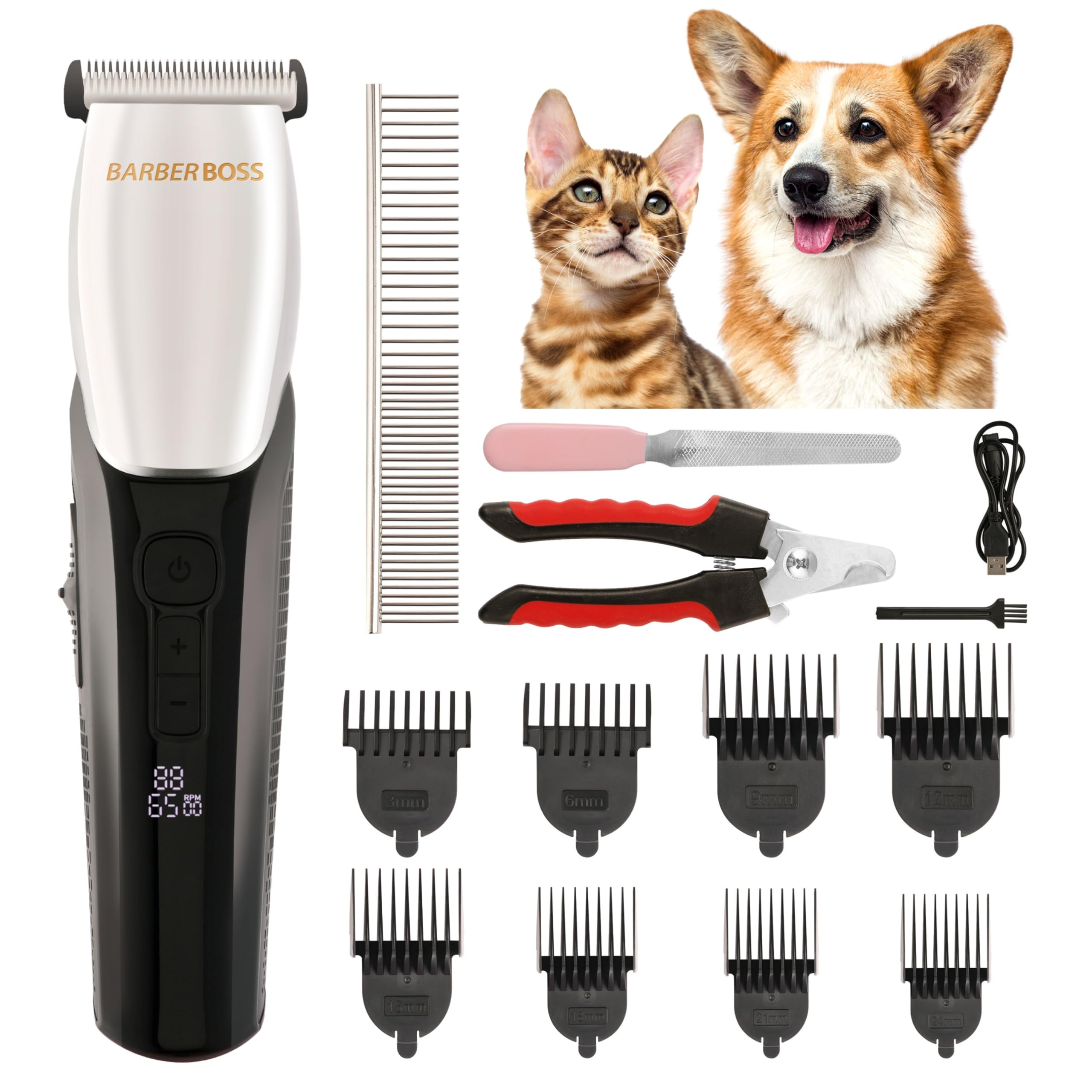 BarberBoss Cordless Dog Clippers, Dog Grooming Kit for Thick Heavy Coats, Waterproof, Low Noise, Rechargeable Cordless Clipper for Dogs & Cats, QR-9083