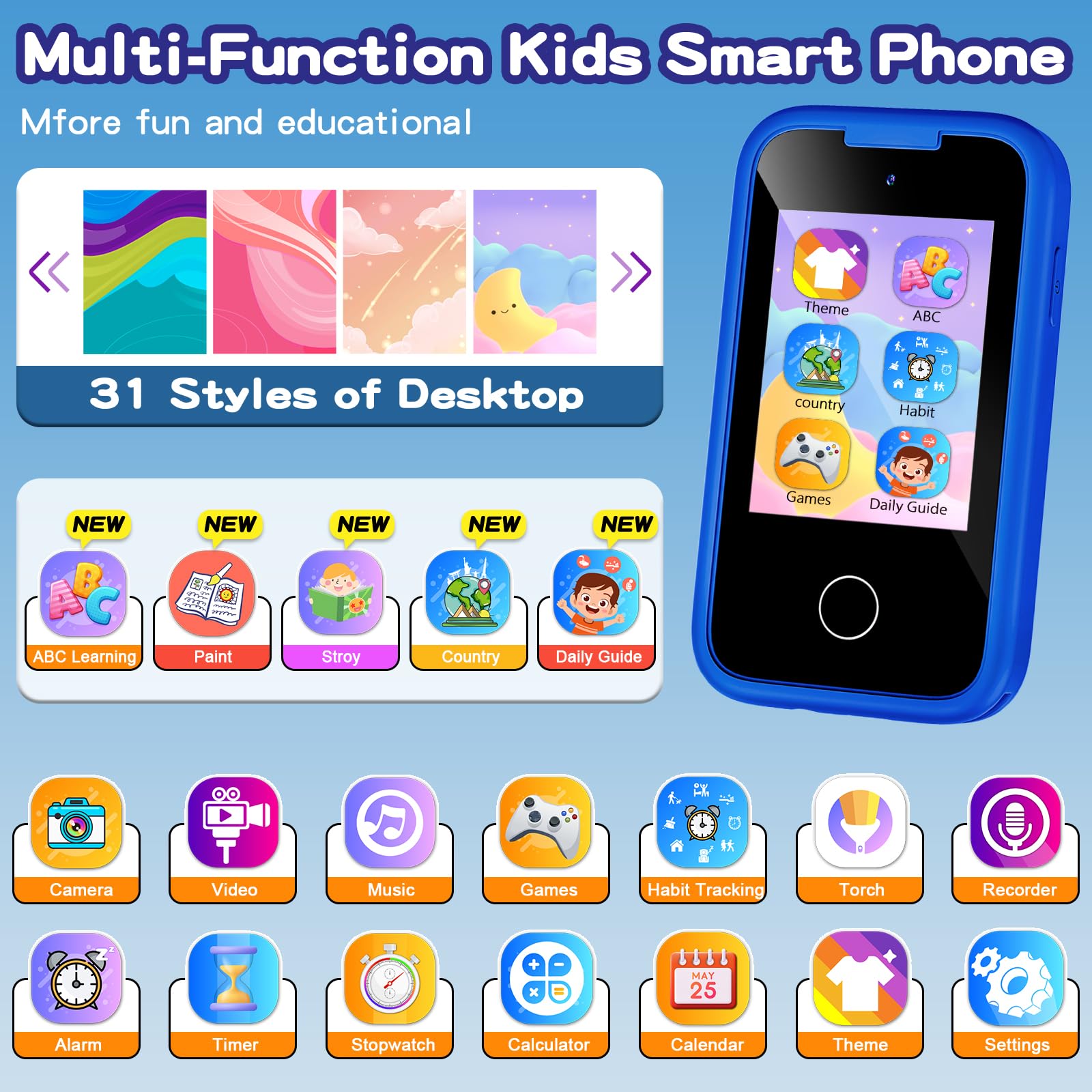 Kids Phone for Boys, Toddler Smart Phone for Girls 3 4 5 6 7 8 Years Old, Birthday Gift for Boys Age 3-8, Pretend Play Toy Phone, Fake Cell Phone with Games, MP3 Music Player(Blue)
