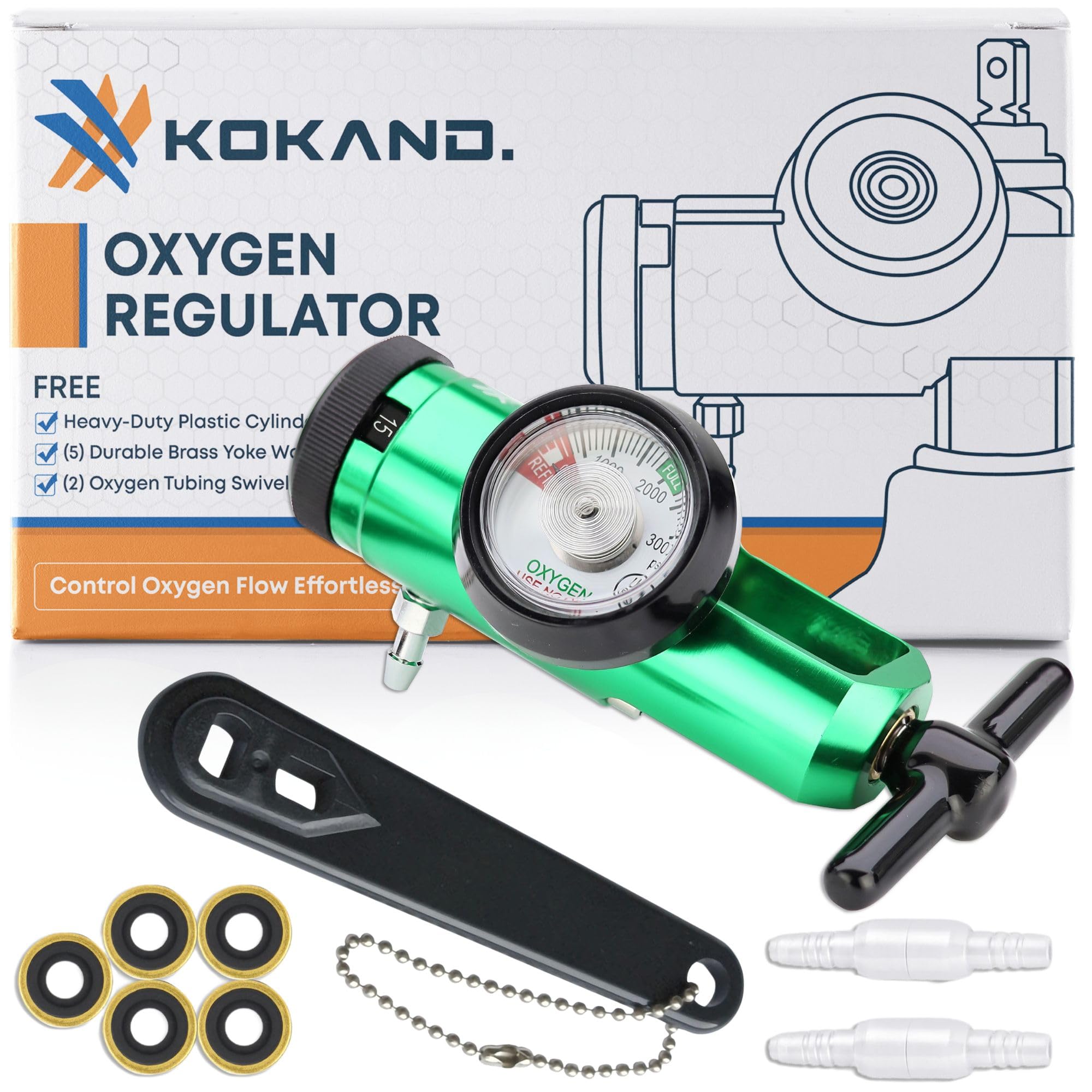 Photo 1 of KOKAND Oxygen Regulator 0-15LPM - Oxygen Tank Regulator with Gauge, CGA-870 Fitting - Includes Wrench Key, 5 Brass Yoke Washer Seals, and 2 Tubing Swivel Connectors - O2 Flow Meter - Green