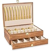 Yoimori Silverware Storage Box, 2-Layer Flatware Storage Case with Drawer, Wooden Silverware Chest with Linen Liner, Rustic Silverware Case for Storing Fine Flatware and Utensils (Brown)