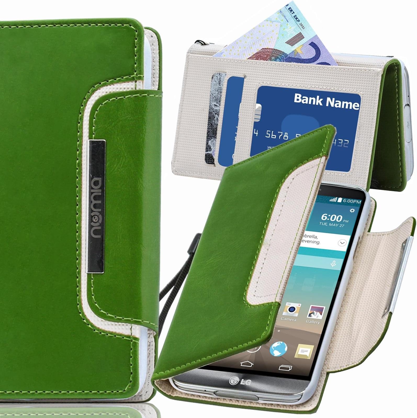 Numia Original design, book-style phone case, flip case cover, for LG Optimus L3 II (E430), with magnetic clasp and lanyard, in green and white