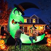 Giant Green 8.9 FT Halloween Inflatables Witch Moon Outdoor Decorations | Built in Green LED Lights, Blow Up Witch Face Moon for Yard Lawn Garden Holiday Halloween Party Supplies with Bench