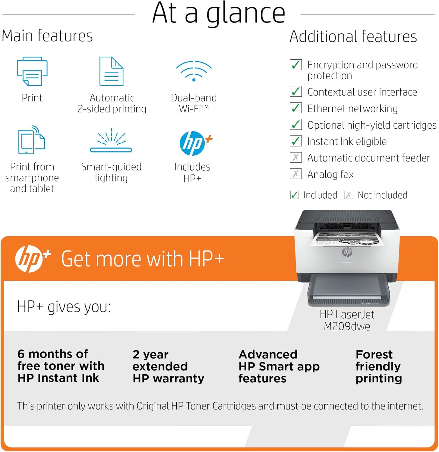 HP LaserJet M209dwe Wireless Black & White Printer, with bonus 6 months free Instant Ink through HP+ (6GW62E): Electronics