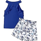 MIGU Girls Clothes Summer Halter Neck Ruffle Sleeveless Top Fashion Cute Floral Belt Shorts Two Piece Outfit Set Size 6-12