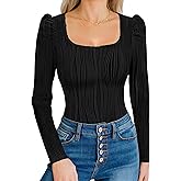 Women's T-Shirts Puff Long Sleeve Shirt Square Neck Dressy Casual Slim Fit Textured Knit Fall Tops Blouse Fashion Clothes