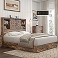 HOWE Queen Size Wood Platform Bed Frame with 51.2" Bookcase Headboard, Storage Bed with Sliding Barn Door Charging Station 2 Drawers, No Box Spring Needed/Noise Free/Farmhouse/Rustic Brown