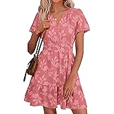 Simplee Womens Summer Floral Dress Casual Short Sleeve V Neck Empire Waist Boho Flowy A Line Mini Wedding Guest Dresses