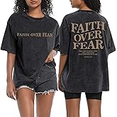 Wrenpies Faith Over Fear Christian Shirts for Women Oversized Jesus God Bible Verse Religious Tees Acid Wash Tshirts Tops