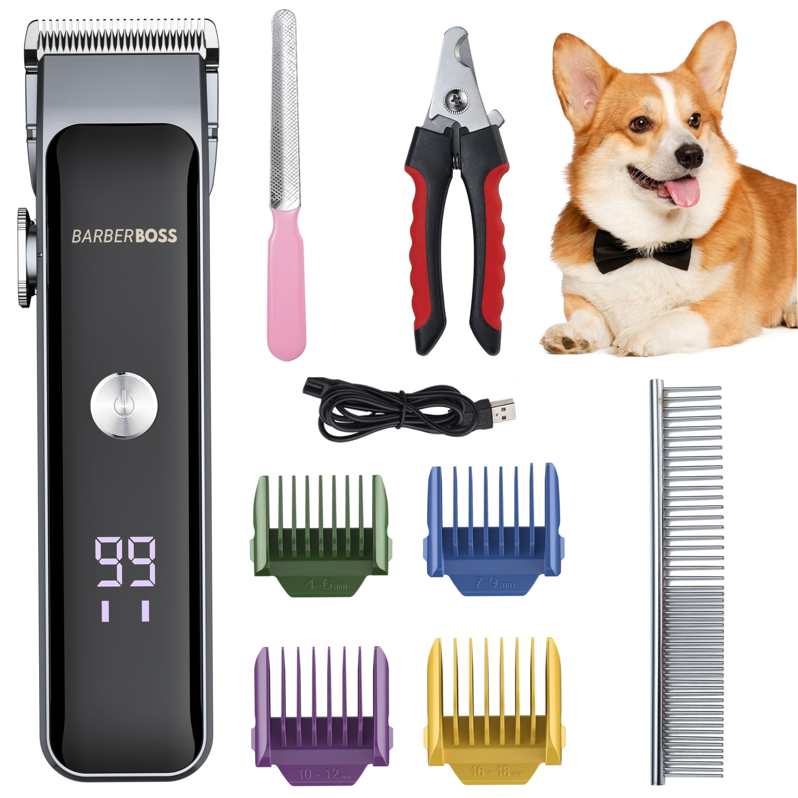 BarberBoss All-in-One Dog Grooming Kit, Cordless Clippers for Thick Hair, Complete Trimming Set for Dogs & Cats, Clippers for Matted Fur, All-in-one Pet Trimmer Set
