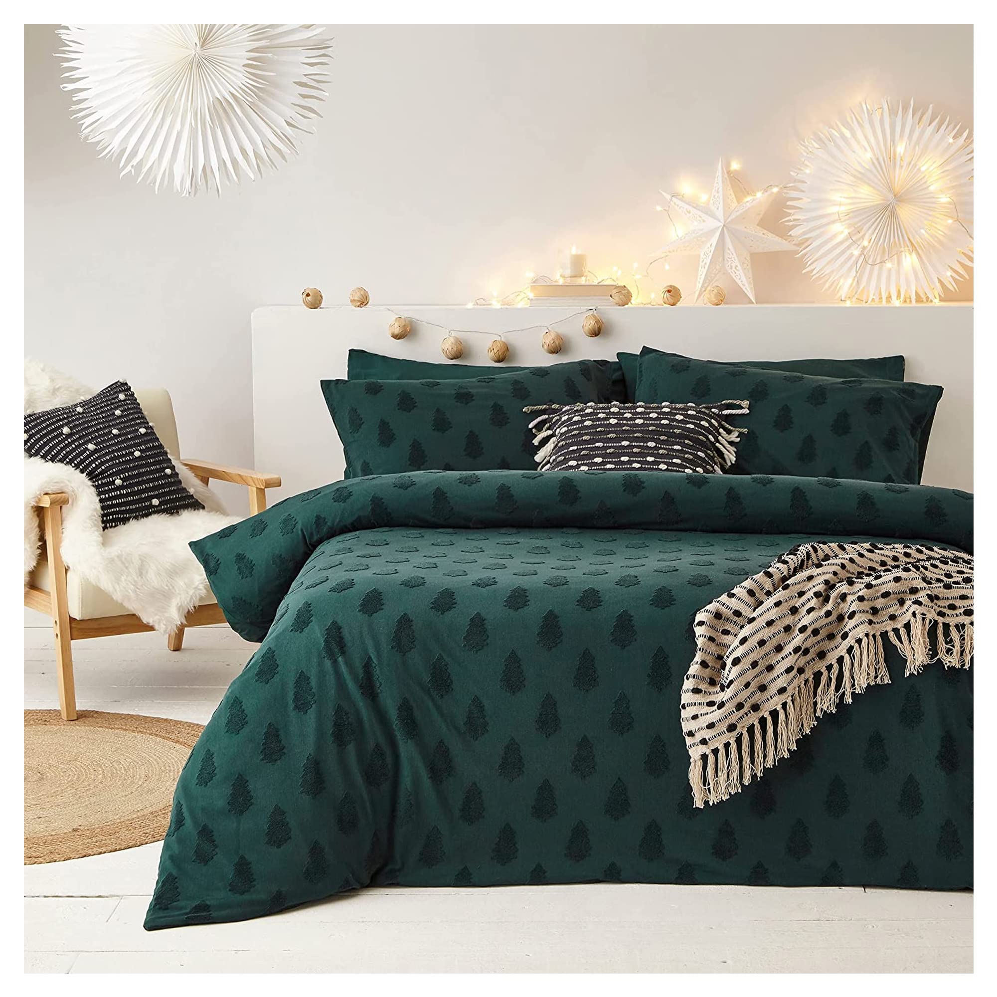 The Linen Yard Tufted Tree Duvet Cover Set, Percale, Pine Green, Single